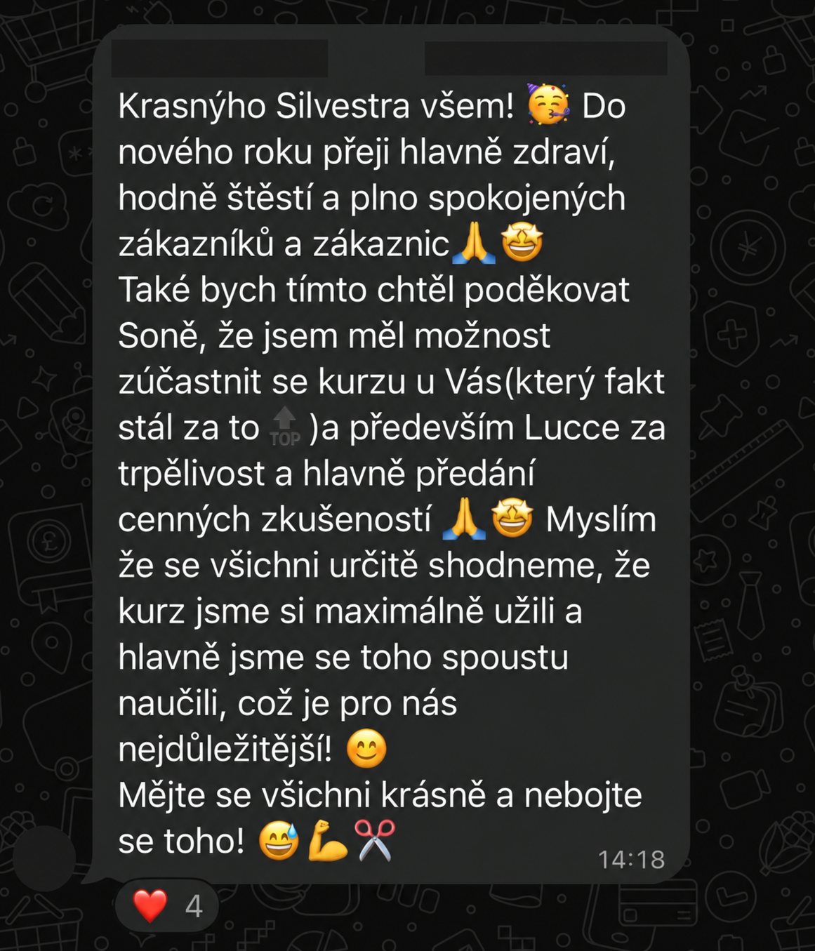Poděkování za dřívější kurz, trpělivost a předané zkušenosti. Jméno, telefon a profilová fotografie odesílatele jsou zakryté.